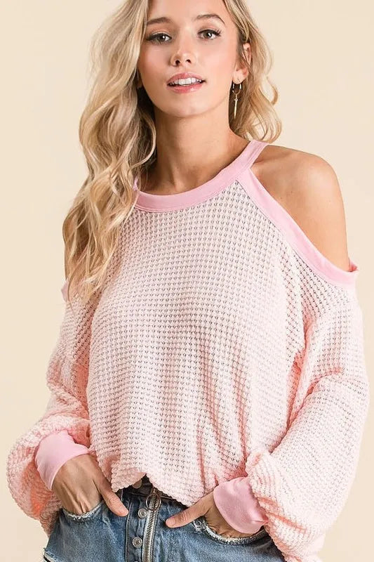 BiBi Popcorn Waffle Top with Cold Shoulder Detail
